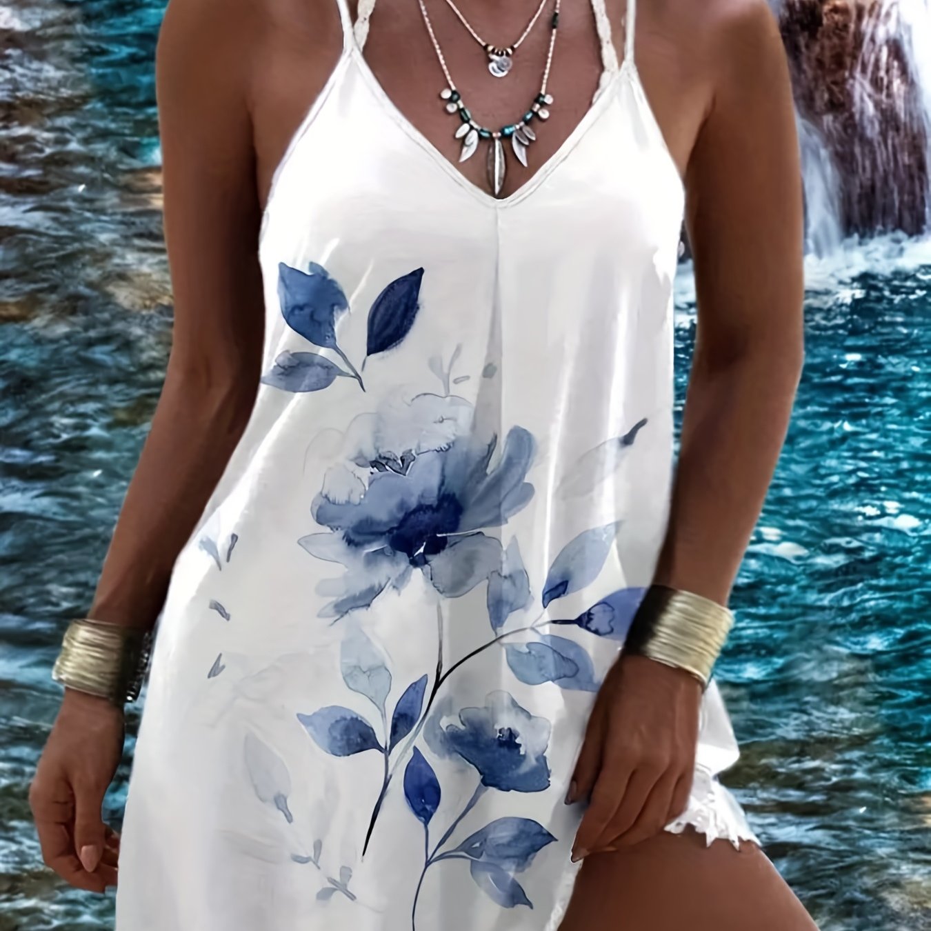  Floral Print V Neck Cami Summer Dress