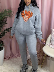  Women's Funny Cartoon Print Hooded Sweatshirt & Sweatpants Set