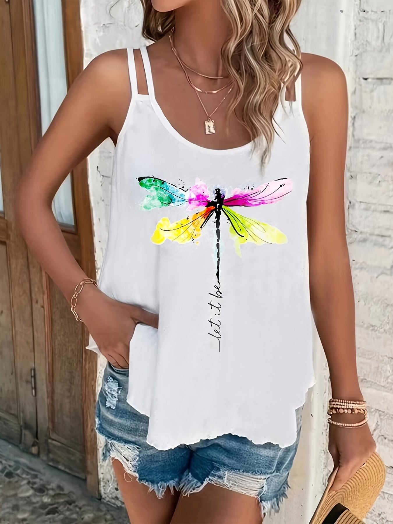 Dragonfly Print Dual Straps Cami Top Women's Clothing
