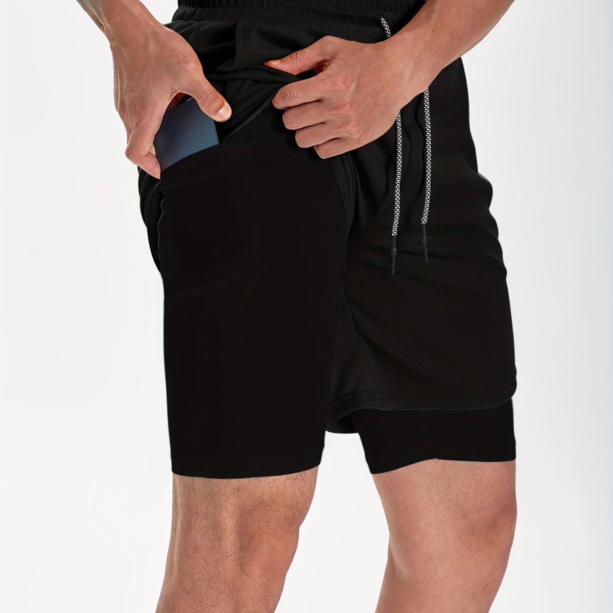 Men's 2-Layer Gym Running Shorts w/ Pockets Quick Dry Stretch Drawstring