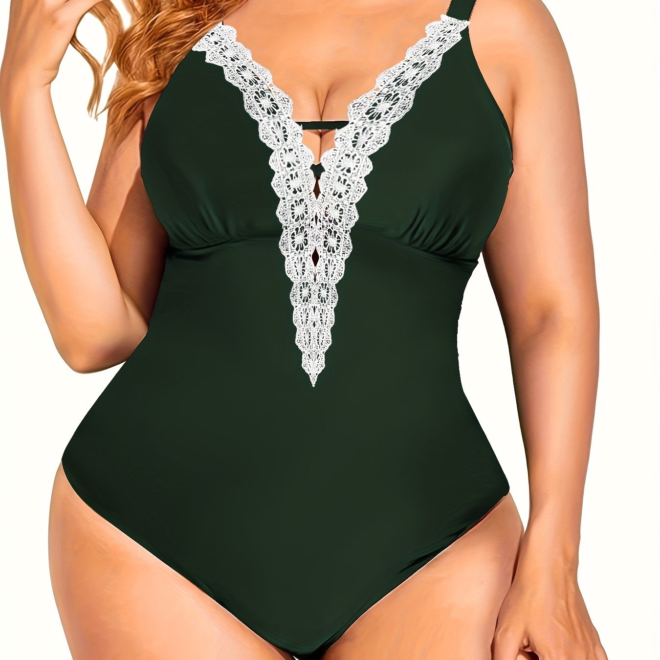  Contrast Lace Crisscross V Neck One Piece Swimsuit