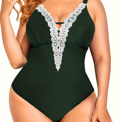  Contrast Lace Crisscross V Neck One Piece Swimsuit