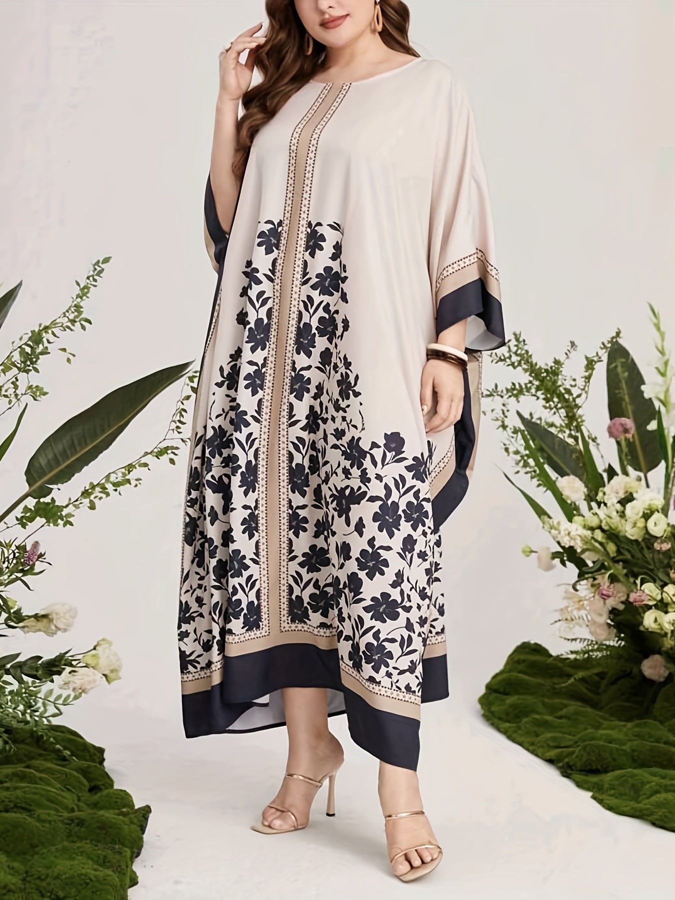  Floral Print Abaya Dress Women's Round Neck Batwing Sleeve