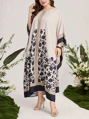  Floral Print Abaya Dress Women's Round Neck Batwing Sleeve