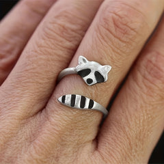 Vintage Raccoon Open Ring Silver Plated