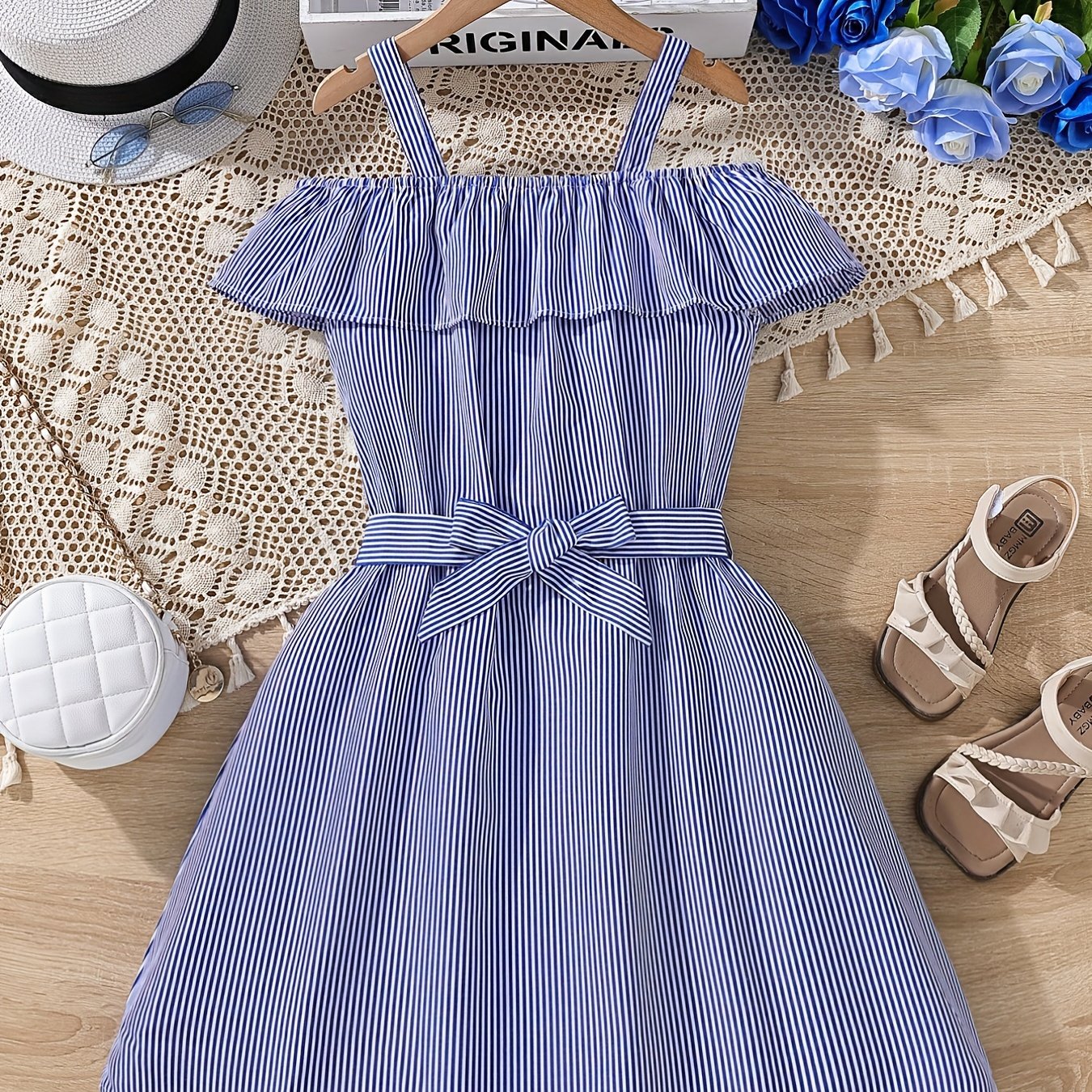 Girls' Striped Off Shoulder Slip Dress with Belt
