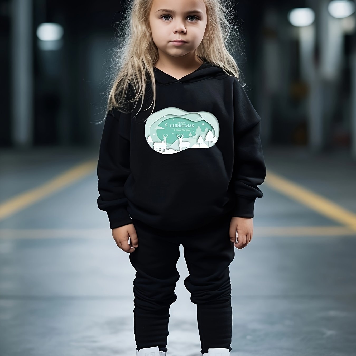 Girls 2pc Cartoon Christmas Scene Hooded Sweatshirt and Sweatpants Set