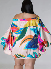  Dress Women's Plus Leaf Print Off Shoulder Long Sleeve Dress