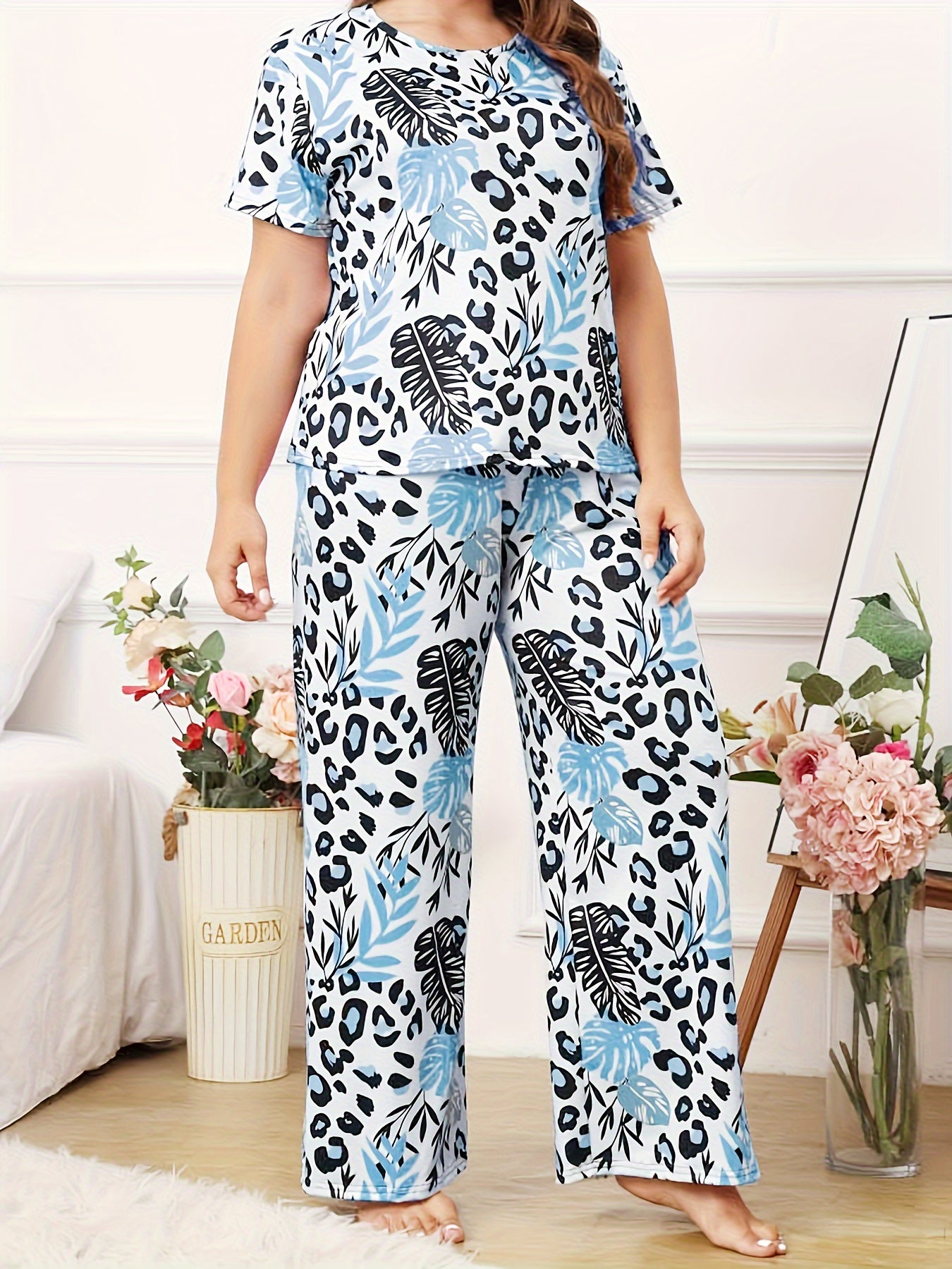  Leopard & Tropical Print Pajama Set Short Sleeve T shirt & Pants