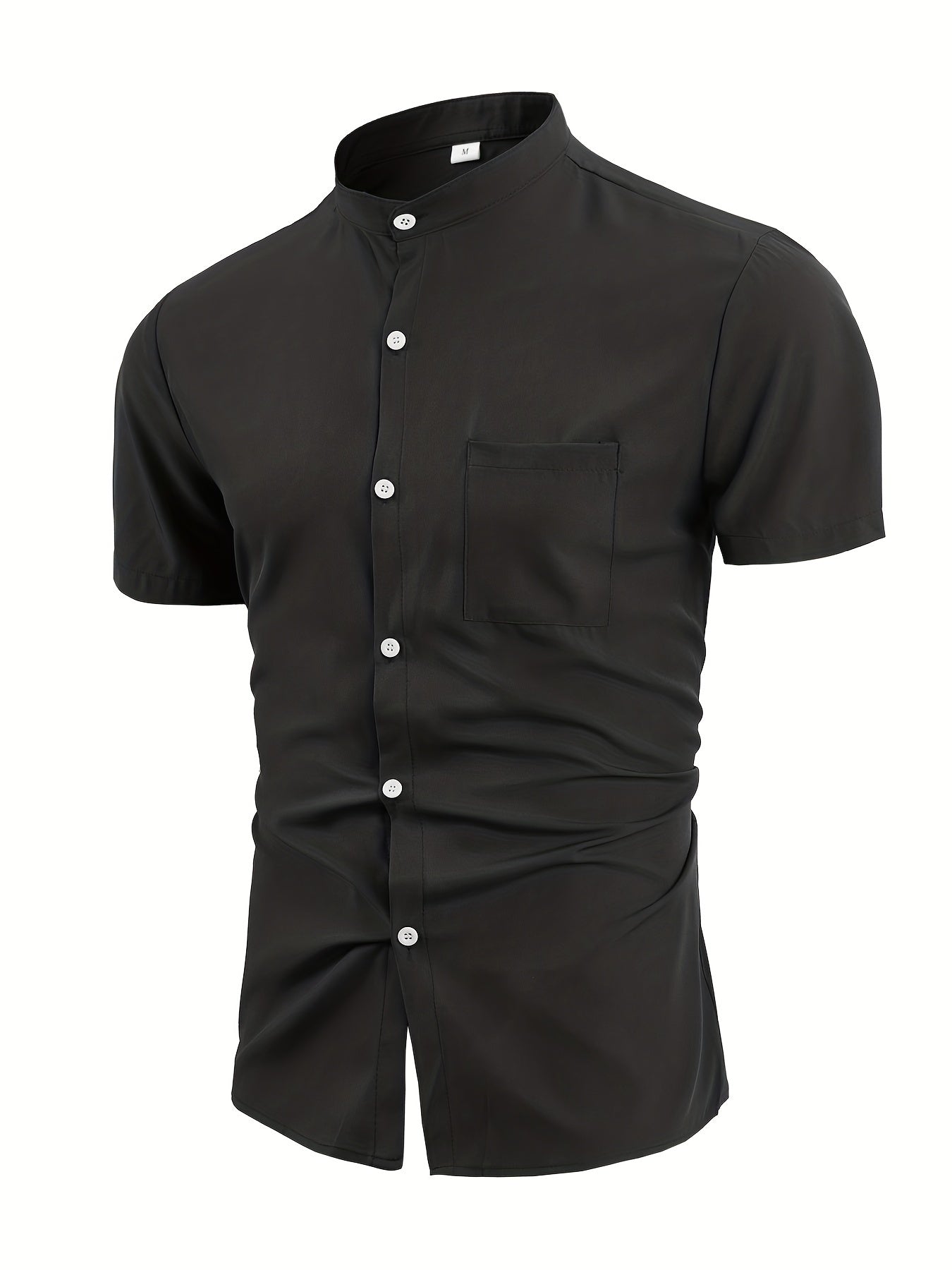Men's Band Collar Short Sleeve Button Up Solid Shirt