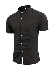 Men's Band Collar Short Sleeve Button Up Solid Shirt