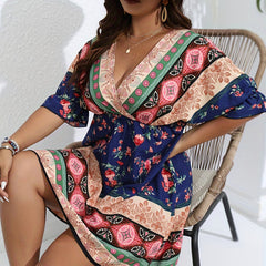  Boho Dress Women's Plus Floral Print V Neck Dress