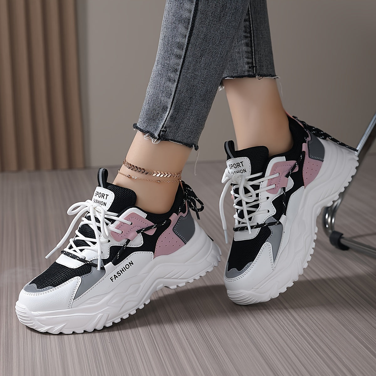 Women's Block Faux Leather Heighten Chunky Sneakers Casual