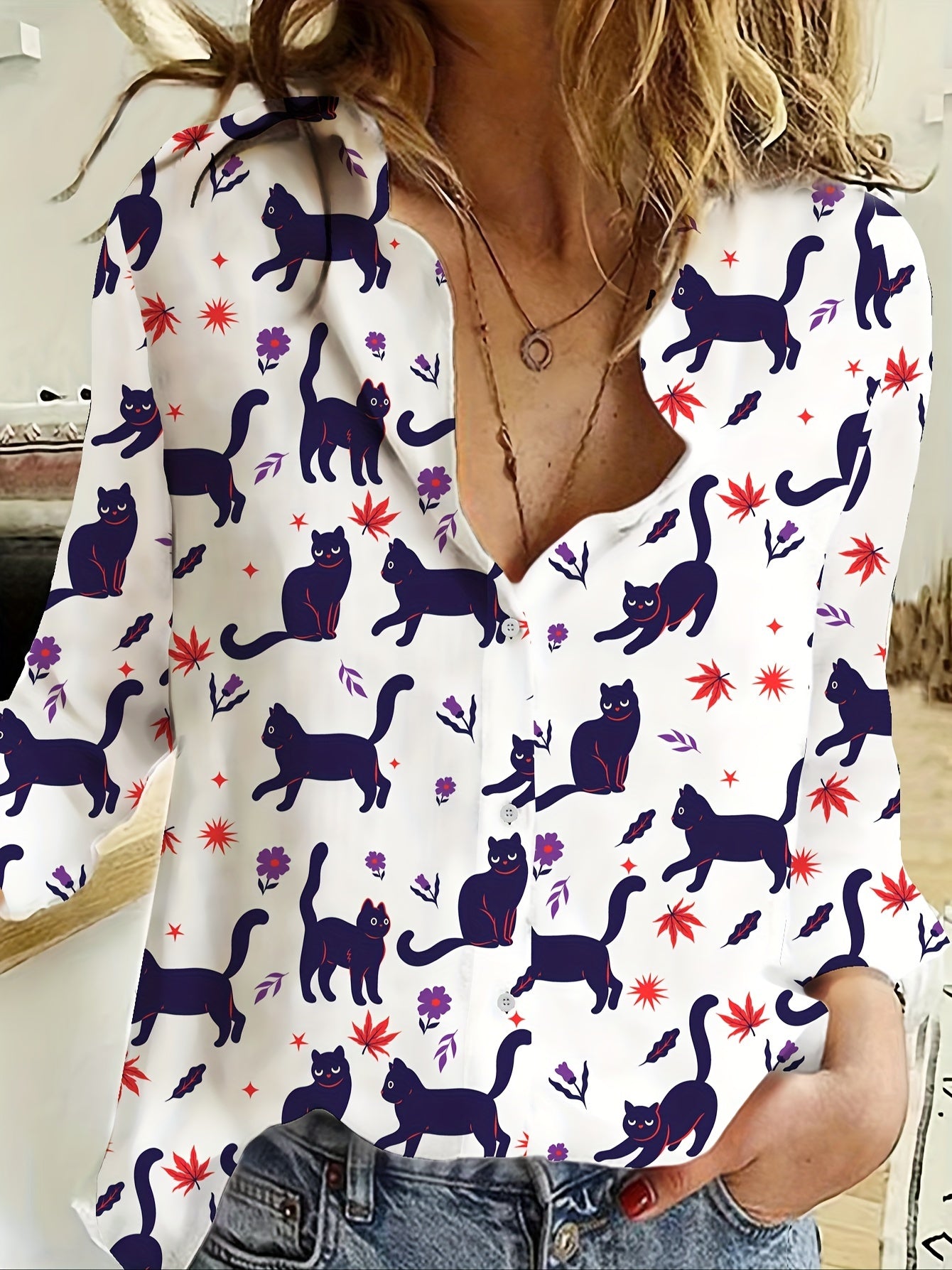  Cat Print Button Up Long Sleeve Collar Blouse