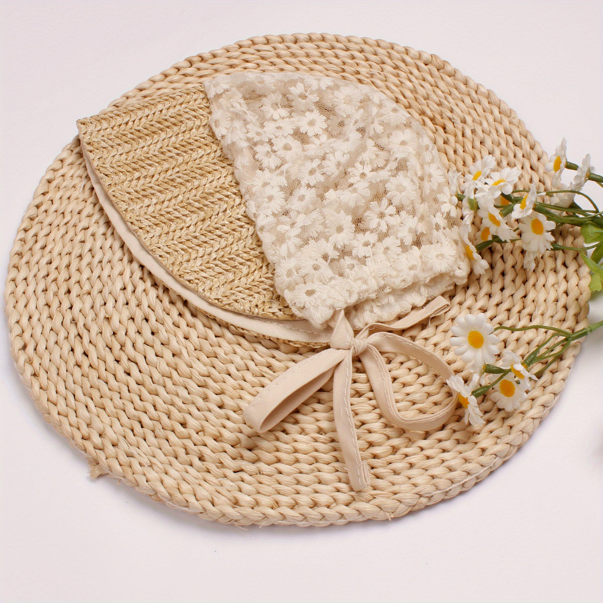 Beige Flower Lace Straw Palace Baby Hat Ribbon