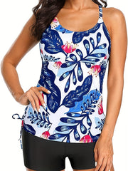  Tropical Print Lace Up Tankini Set