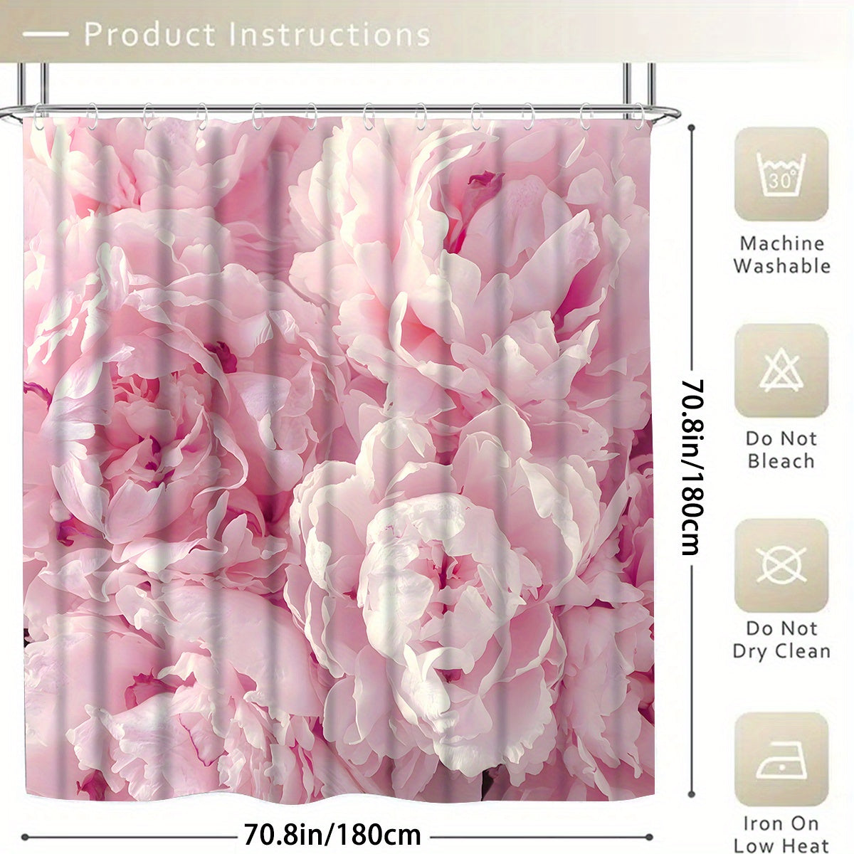 4pcs Pink Flowers Shower Curtain Waterproof Bathroom Decor Set