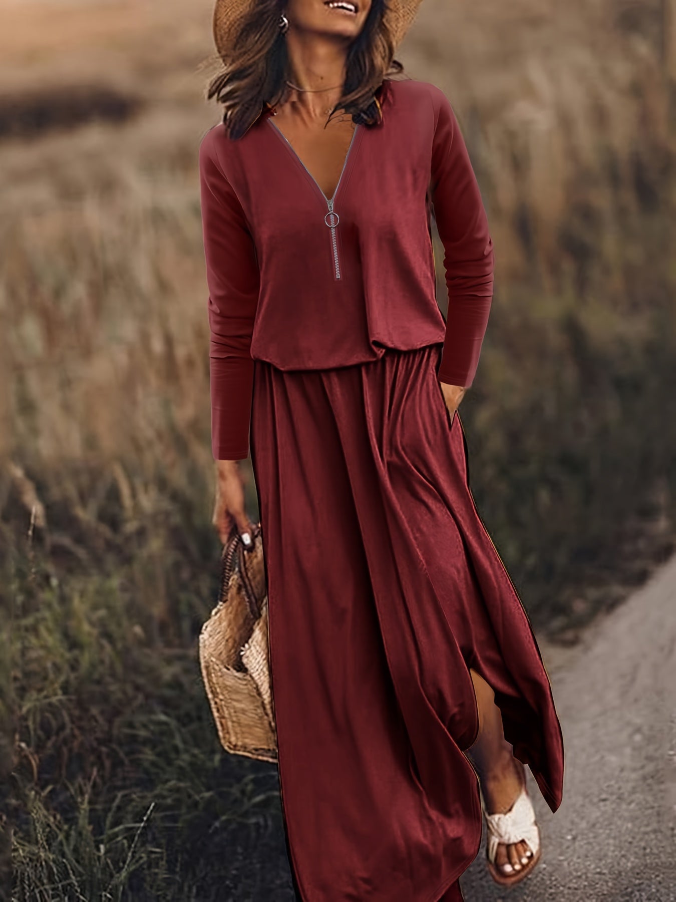  Long Sleeve Half Zipper Maxi Dress
