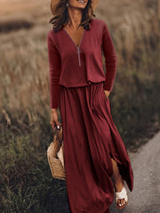 Long Sleeve Half Zipper Maxi Dress