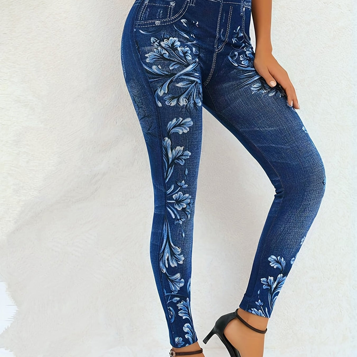 Floral & Denim Print High Rise Leggings