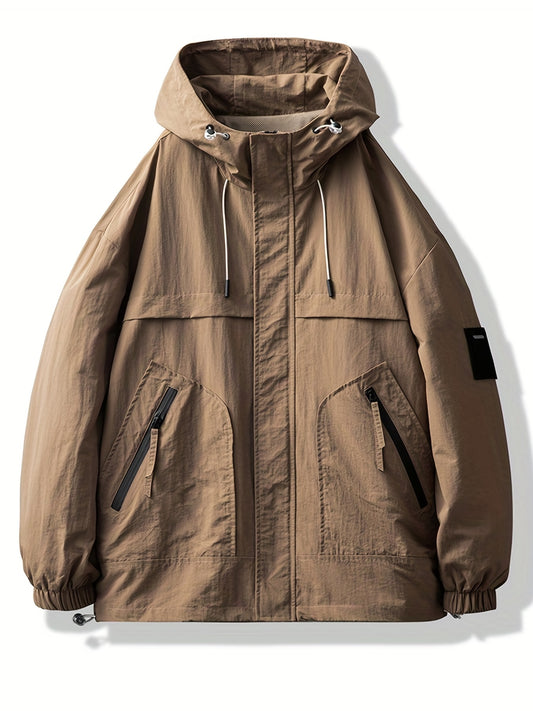 Men's Lightweight Hooded Windbreaker Jacket Casual Stand Collar Zip Up Coat