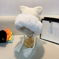 Warm Knit Beanie with Cat Ears and Tassels