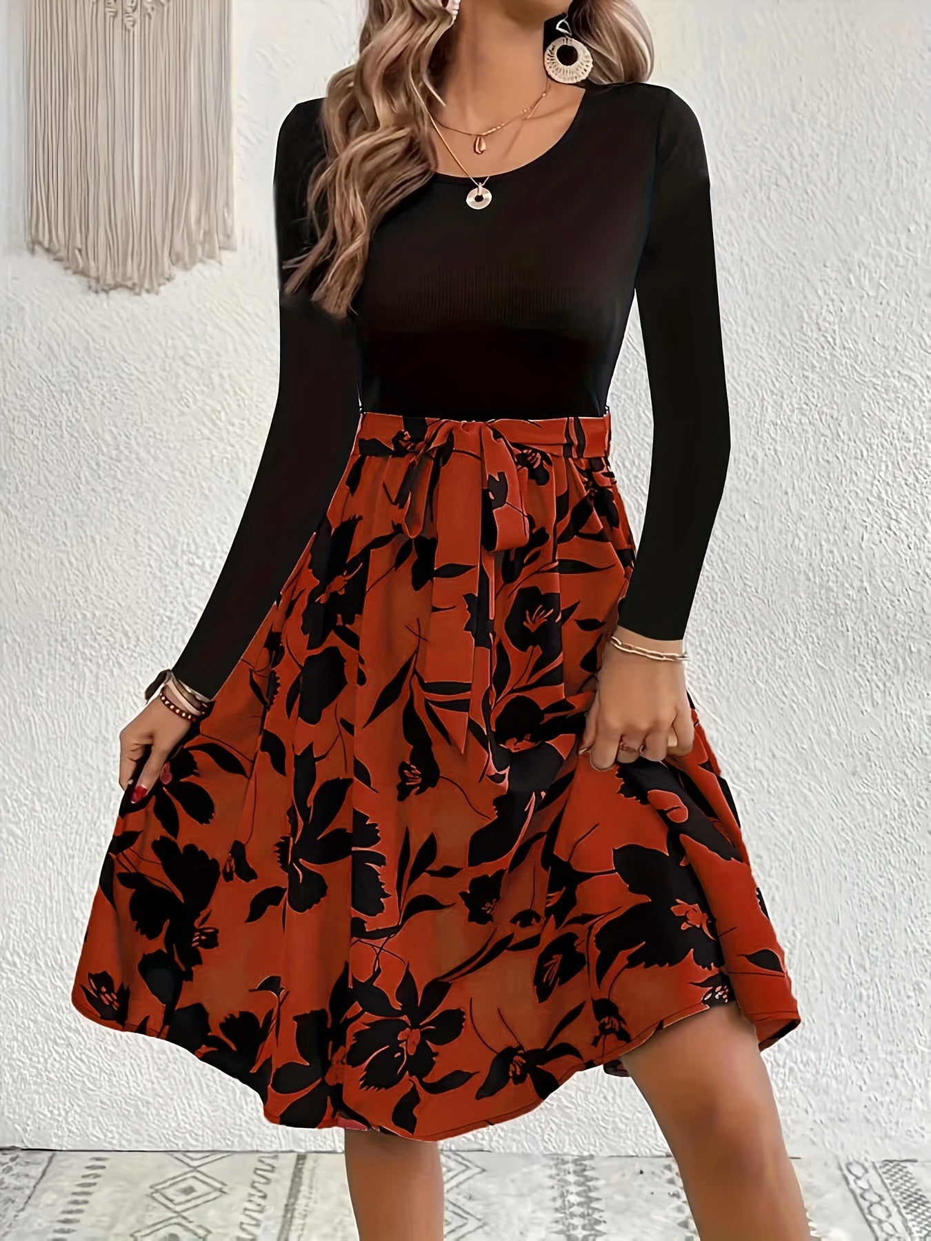  Colorblock Floral Print Long Sleeve Maxi Dress With Belt