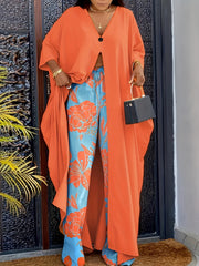 Plus Bat Sleeve V-Neck Top & Floral Pants Set