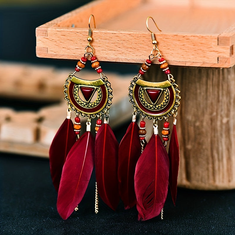 Boho Feather Rice Beads Earrings for Women