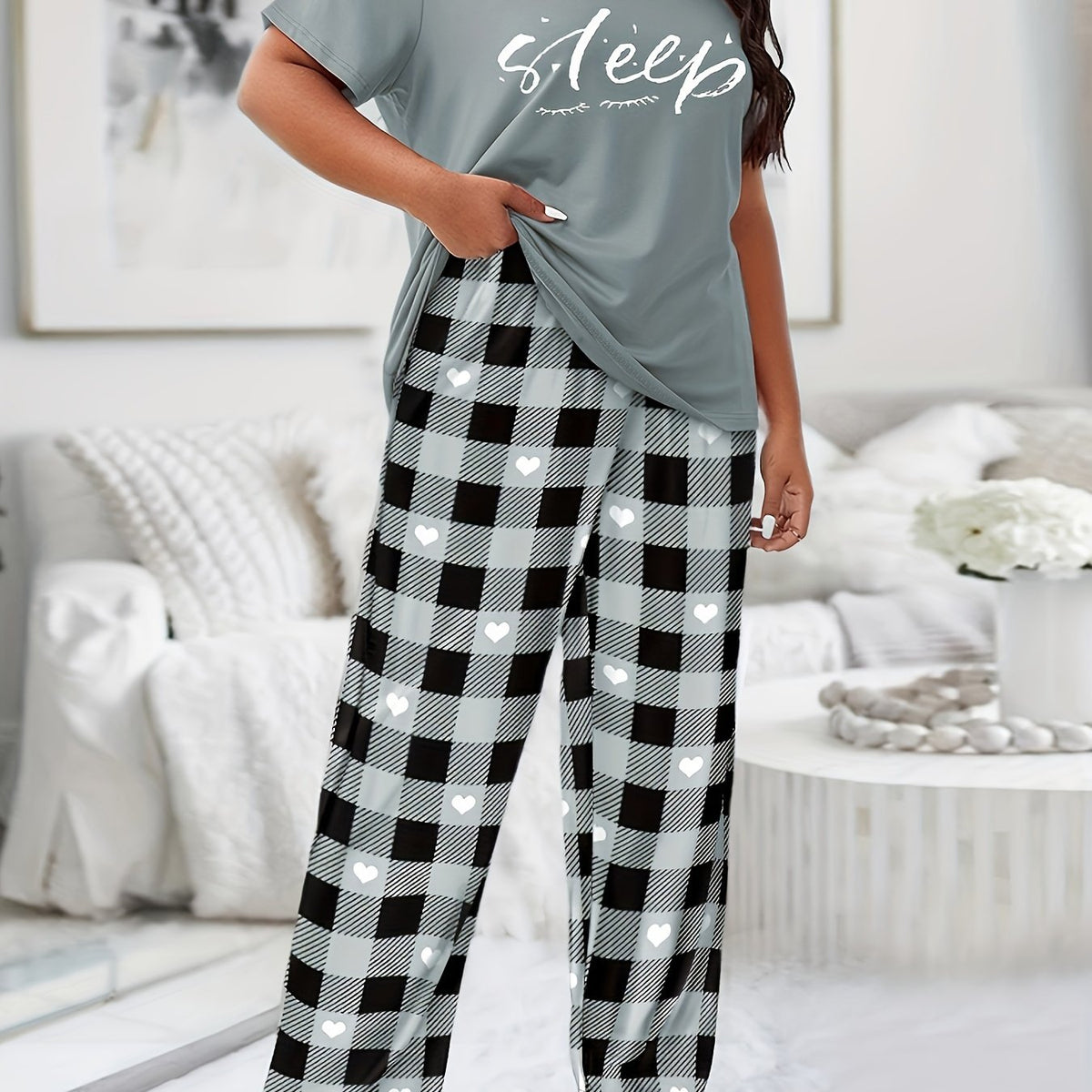  Casual Lounge Set Women's Plus Letter & Eyelash Print Tee & Heart Plai