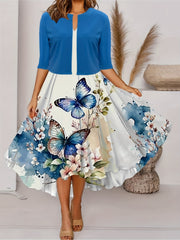Solid Cardigan & Butterfly Print Dress Set Women's Clothing
