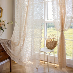 French Romantic Lace Sheer Curtain with Faux Pearl Detail