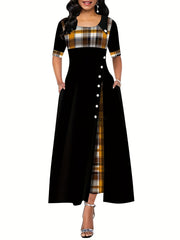 Plaid Print Splicing Dress Casual Crew Neck Short Sleeve Summer Asymmetrical Dre