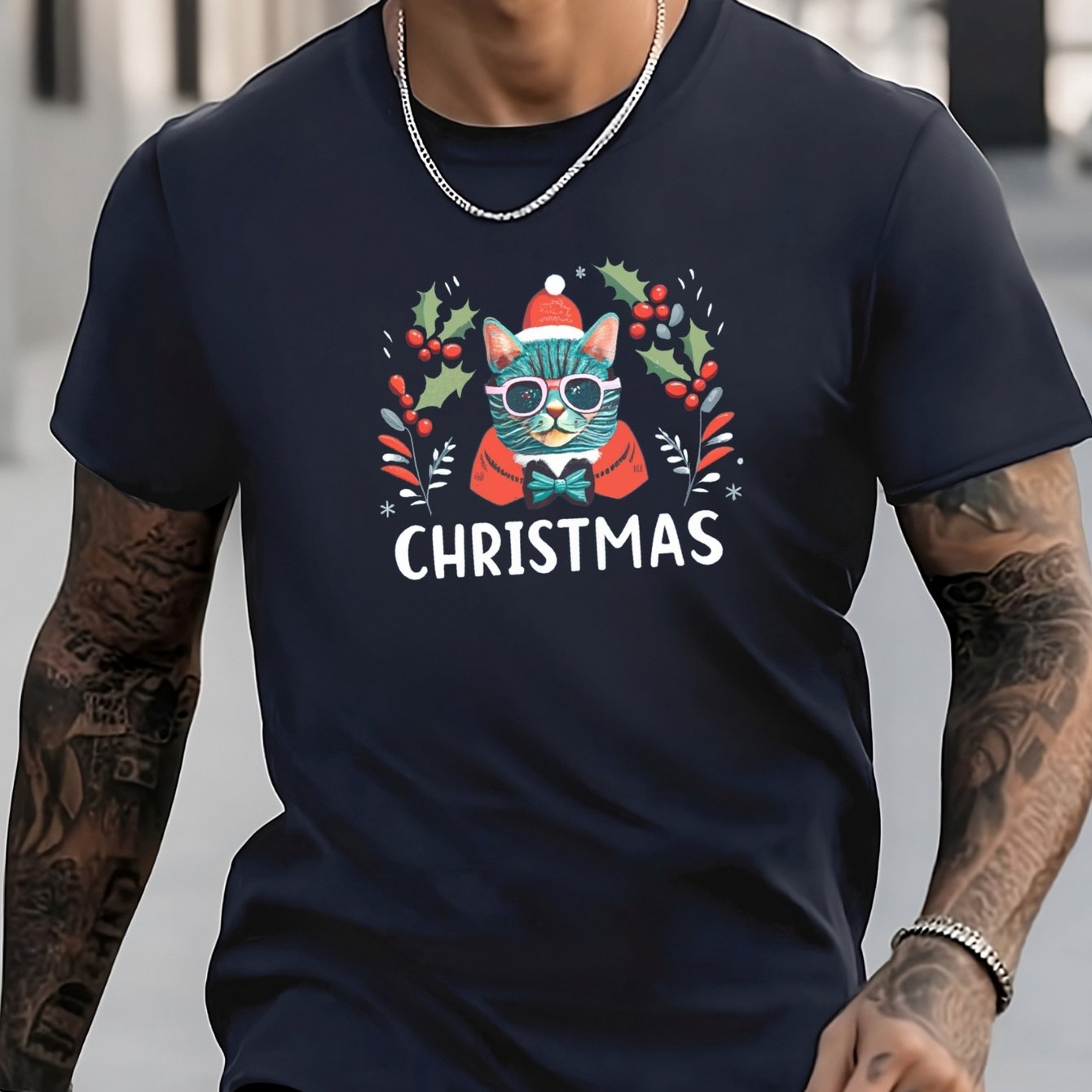 Men's Cat Pattern Shirt Casual Breathable Crew Neck Tee Top