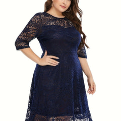  Lace Semi Sheer 3/4 Sleeve Midi Dress Women's Plus Stretch Midi Dress