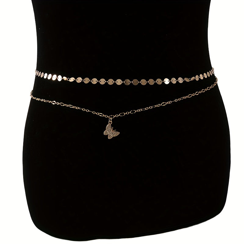 Double Layer Golden Waist Chain Rhinestone Decor Butterfly Pendant