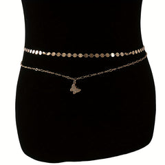 Double Layer Golden Waist Chain Rhinestone Decor Butterfly Pendant