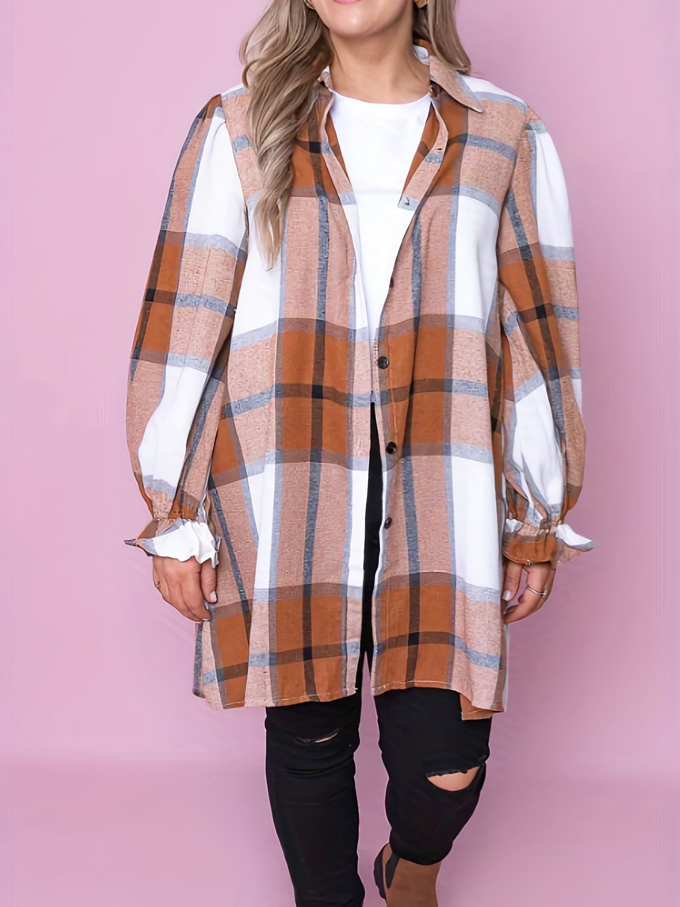  Plaid Flounce Sleeve Button Up Tunic Shirt Top