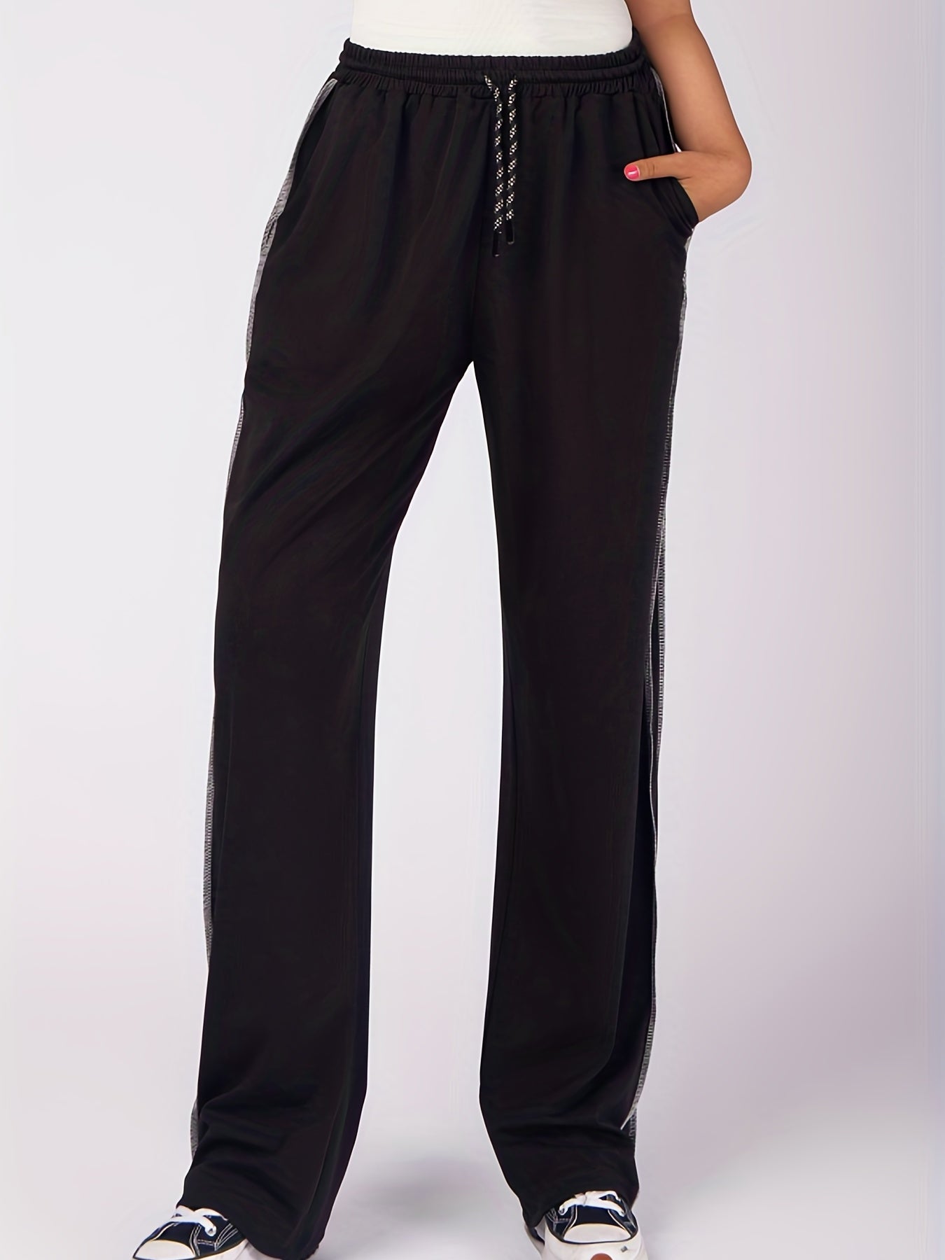  Solid Stitching Elastic Drawstring High Rise Casual Pants