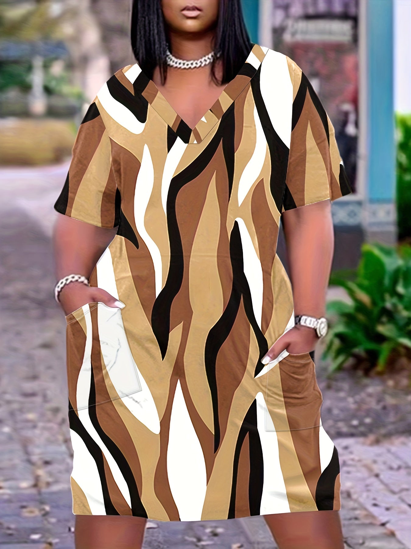  Colorblock Stripe Print Dress With Pockets