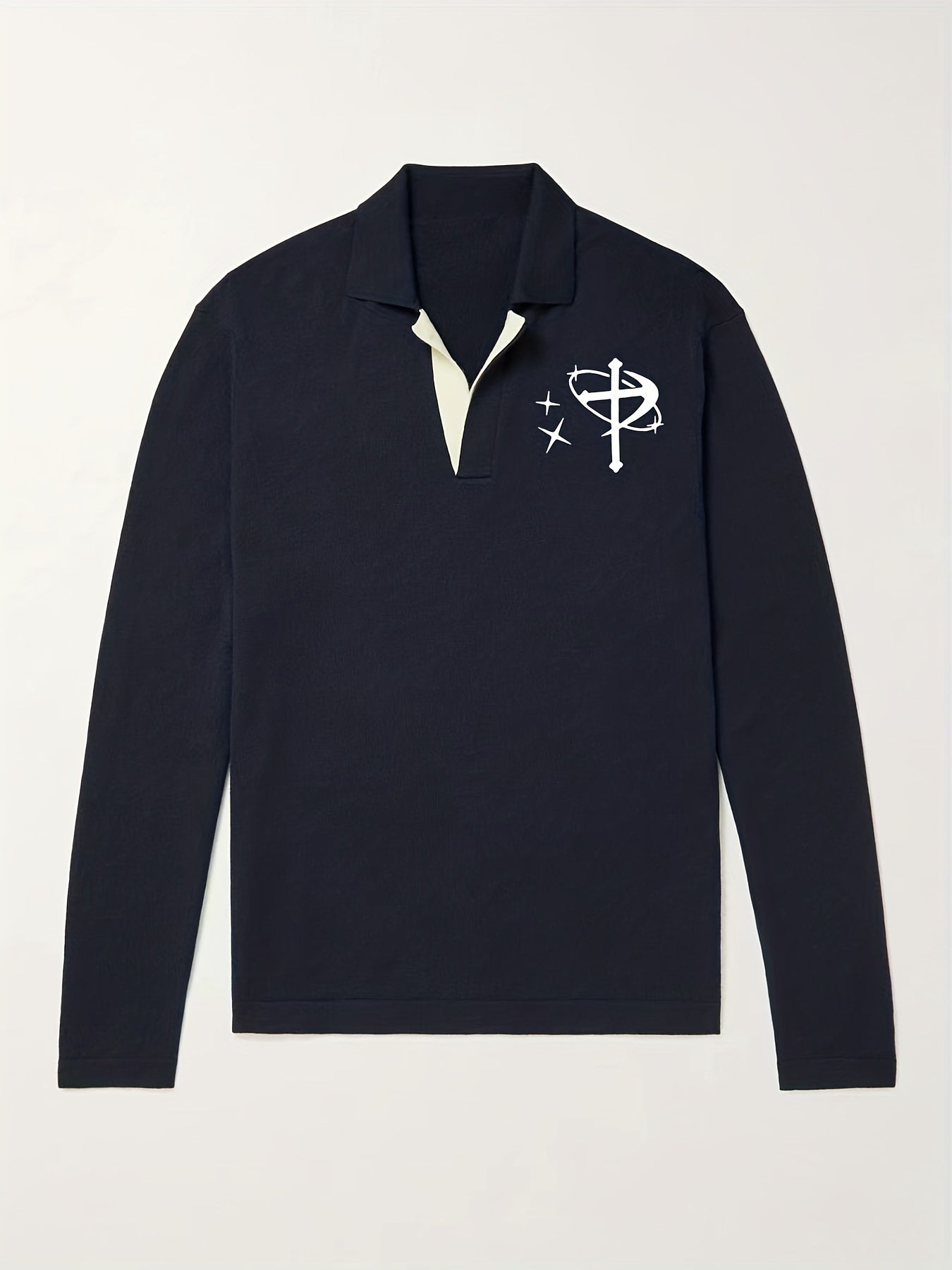 Men's Star & Cross Pattern Knit Polo Shirt Stretch V Neck Sweater