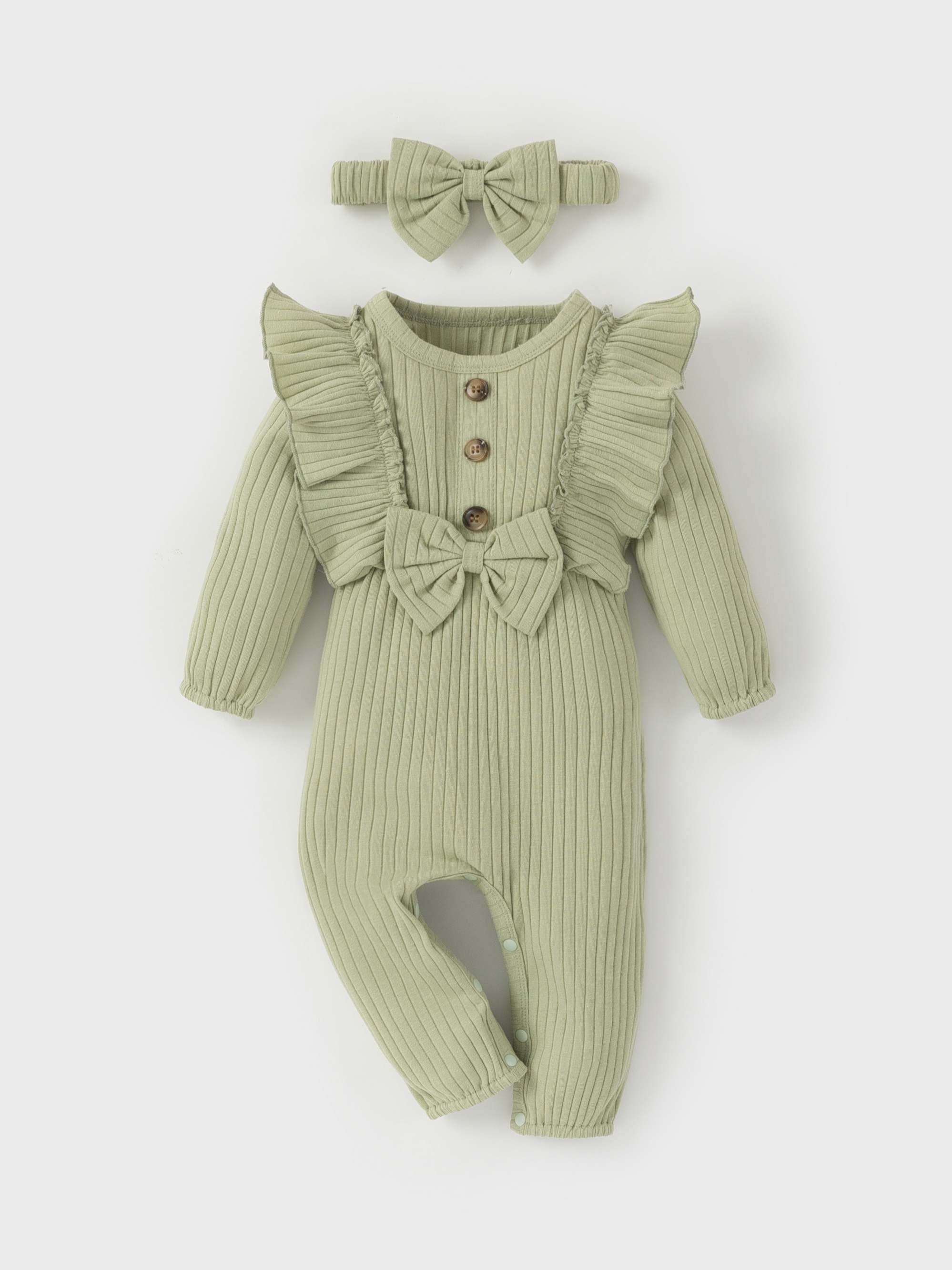 Casual Ruffle Long Sleeve Romper Set for Baby Girls