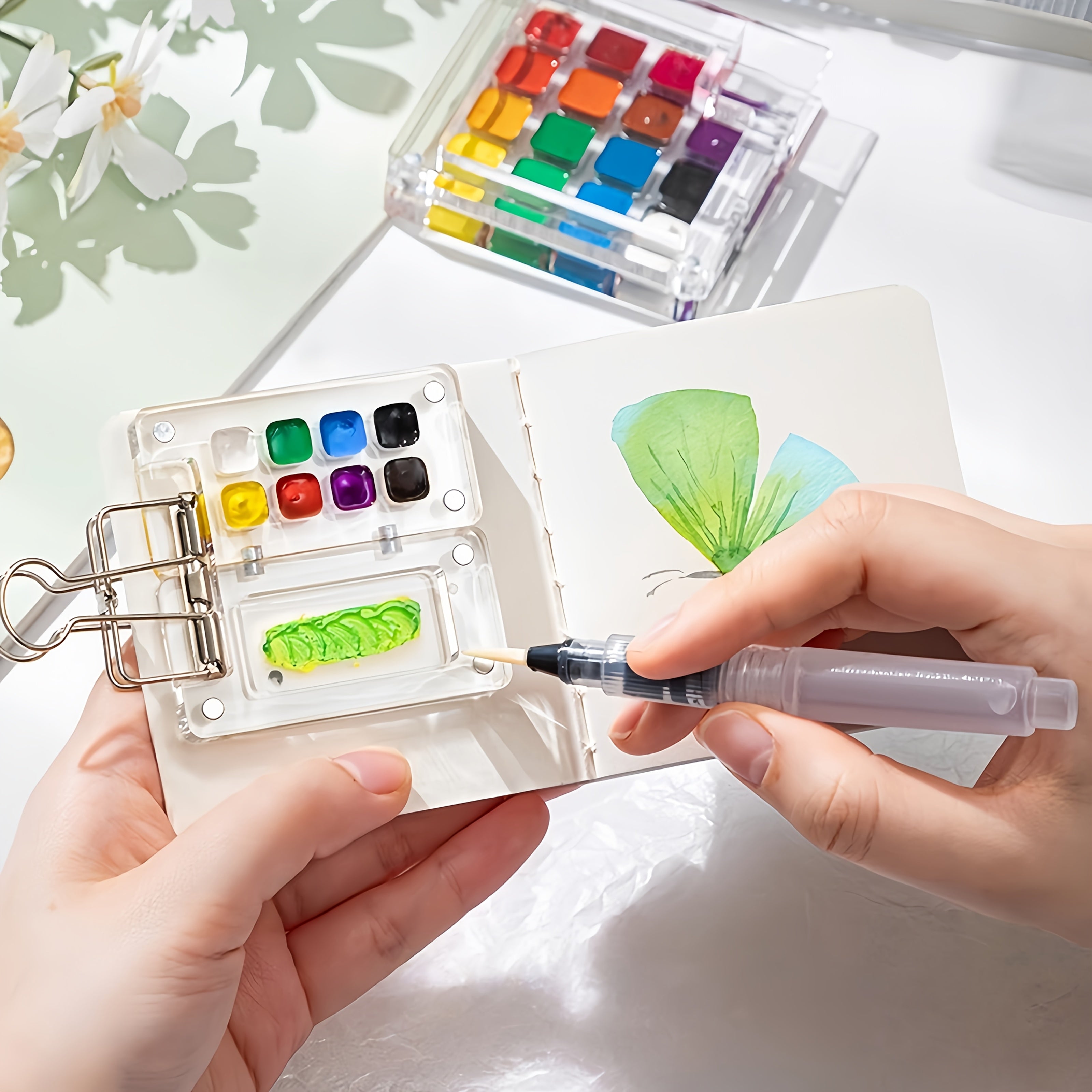 5pcs Mini Acrylic Painting Kit w/ Palette, Brushes, Clip, Sketchbook