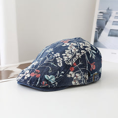 Y2K Floral Print Beret Denim Vintage Women Peaked Cap