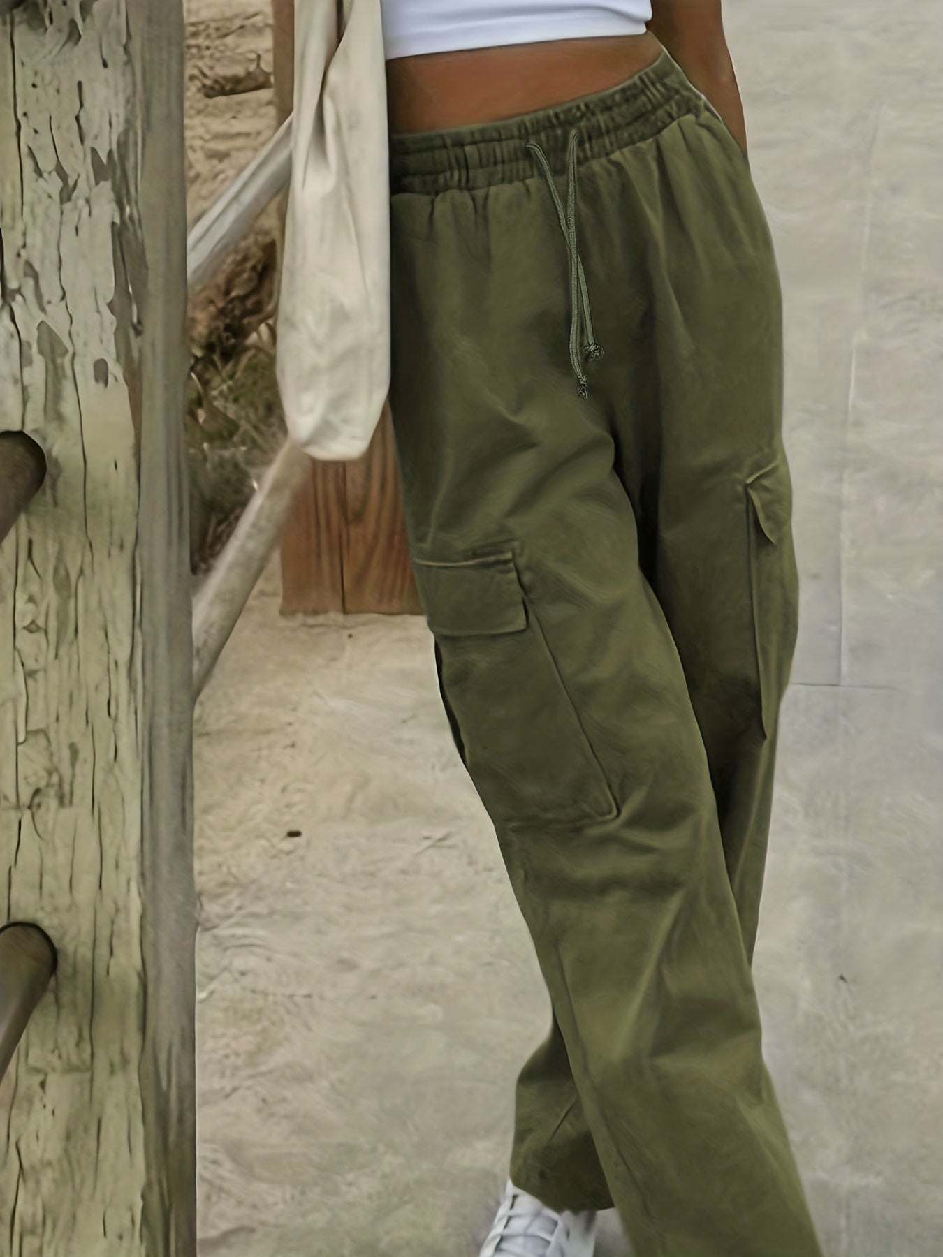  Women's Solid Cargo Pants with Drawstring Waist