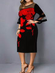 Women's Plus Floral Print Mesh Bell Sleeve Dress