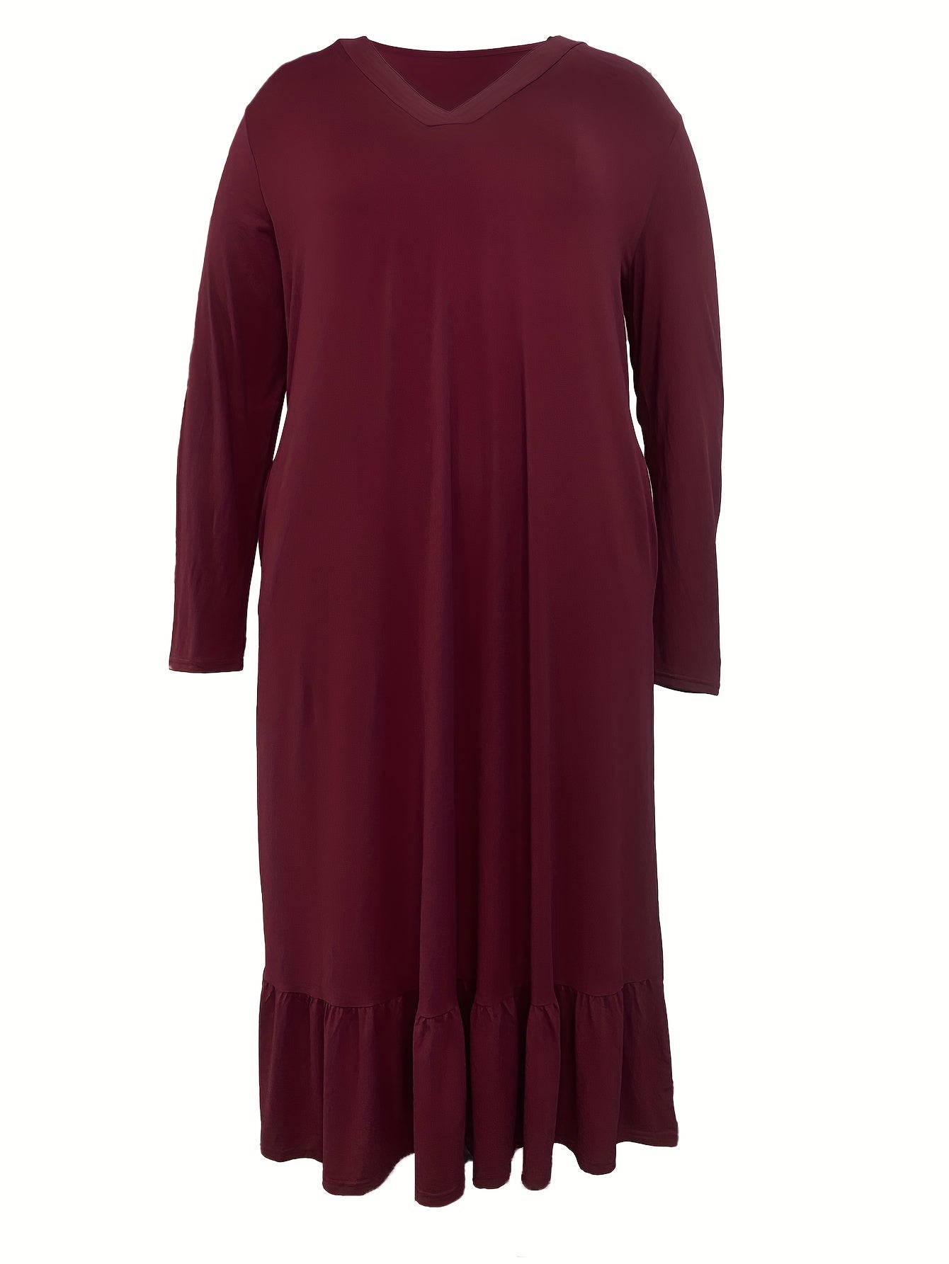  Solid Long Sleeve V Neck Ruffle Trim Maxi Dress With Pockets