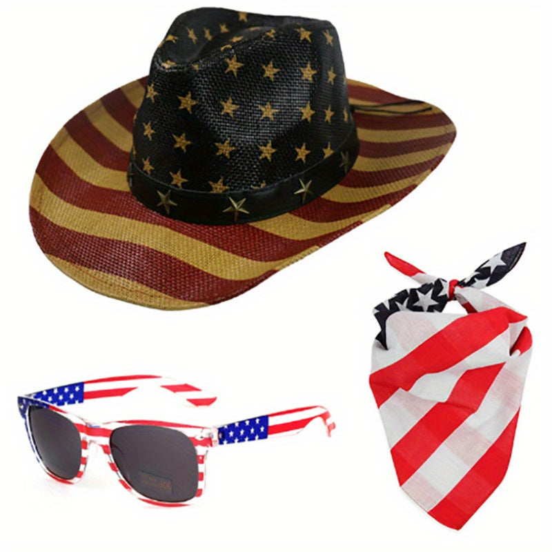 American Flag Cowboy Hat with Glasses Scarf