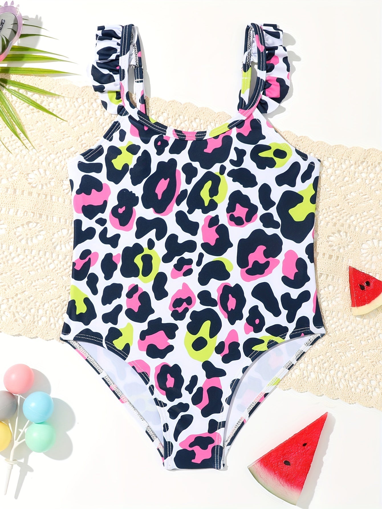 Leopard Print Ruffle Trim 1pc Swimsuit Bathing Suit For Toddler Girls