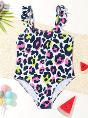 Leopard Print Ruffle Trim 1pc Swimsuit Bathing Suit For Toddler Girls